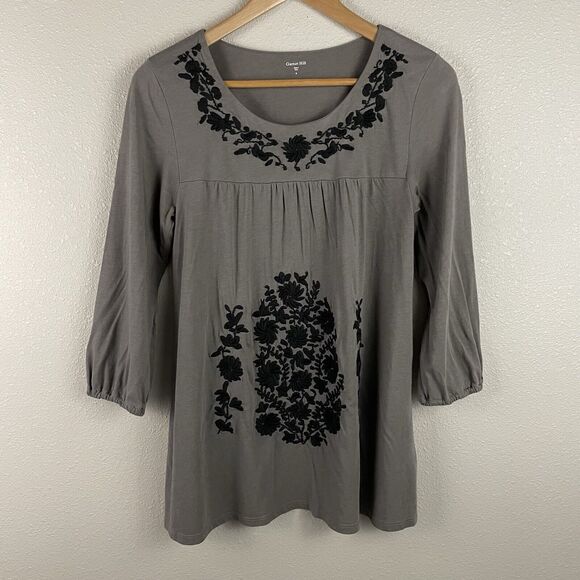 Garnet Hill Womens S Gray Folkloric Embroidered Knit Top Modal Blend 3/4 Sleeve - Picture 1 of 5